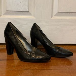 Black crocodile block heels